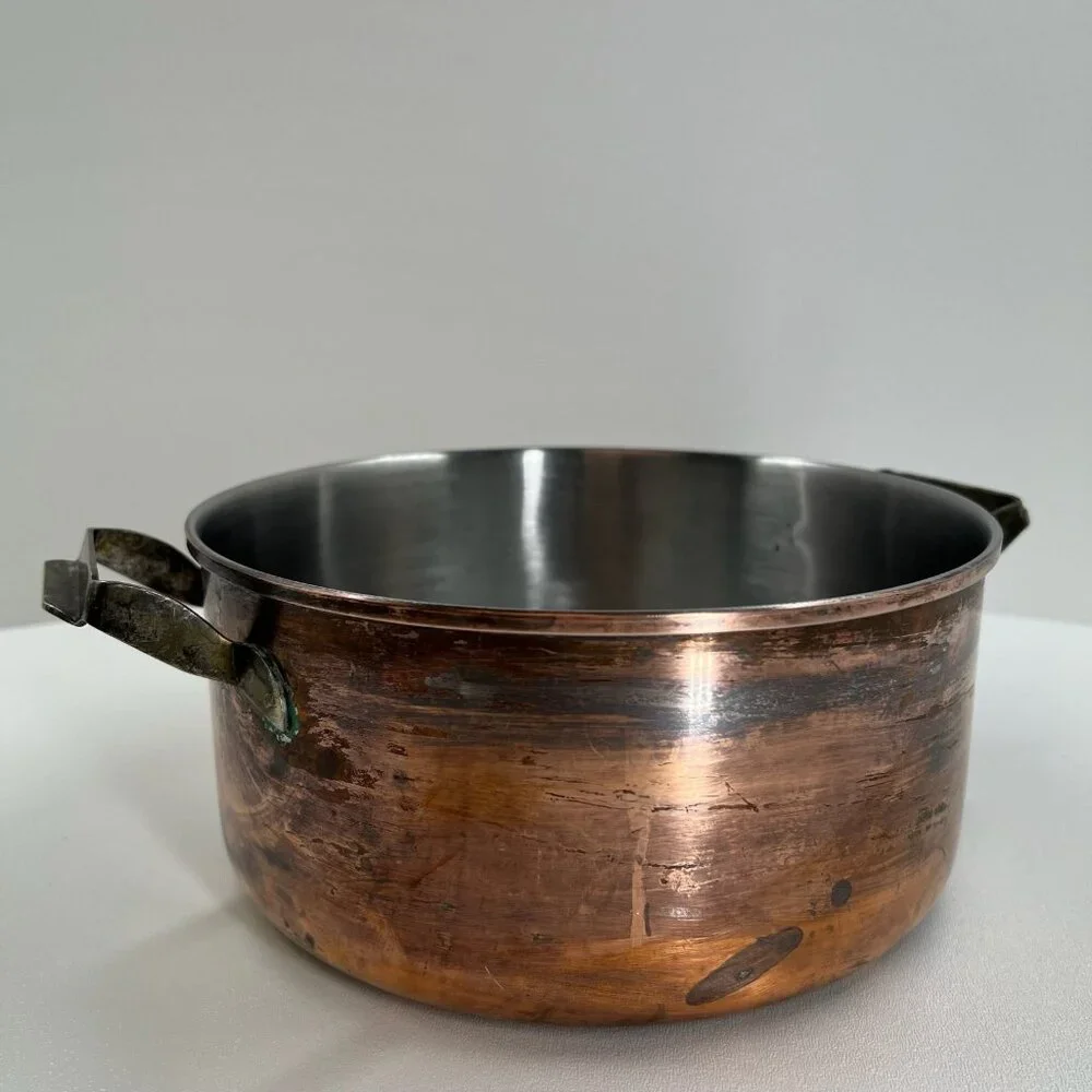Vintage Copper Pot Stainless Steel Lined 9" Casserole Dual Brass Handles - Picture 4 of 11